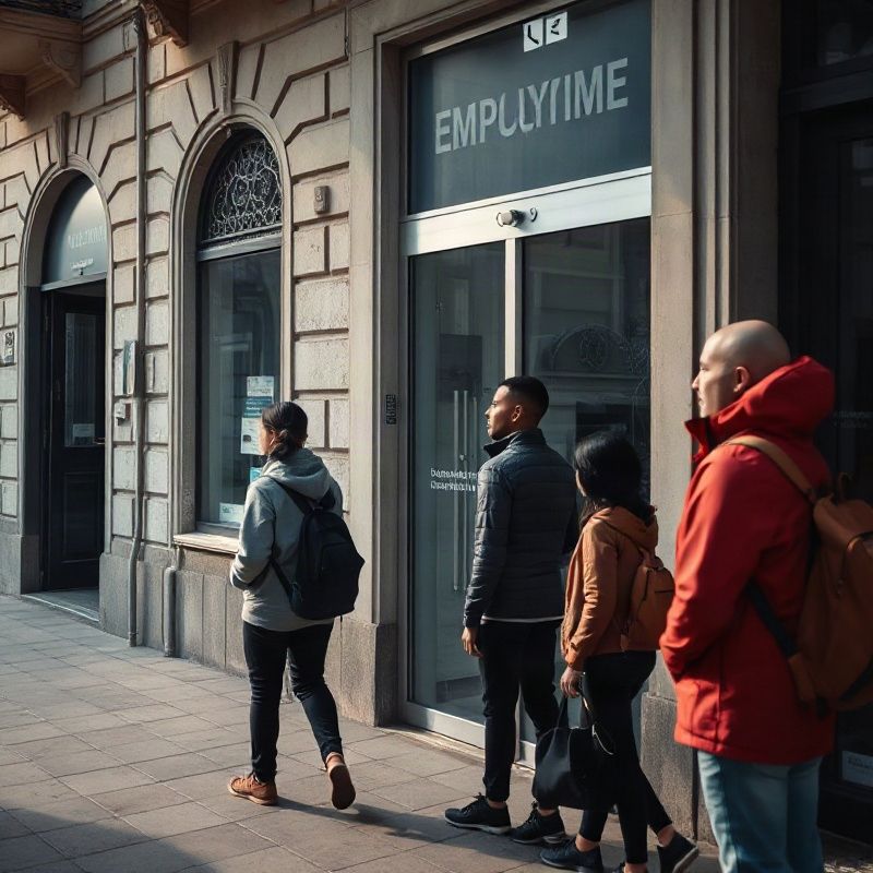 Jóvenes esperando afuera de una oficina de empleo en Montevideo, en tono documental